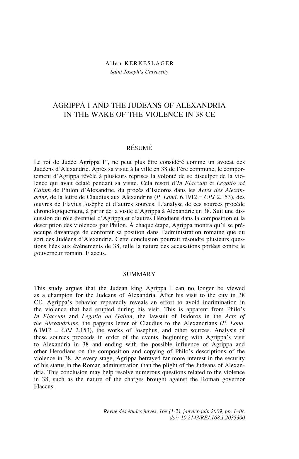 Agrippa I and the Judeans of Alexandria in the Wake of the Violence in 38 Ce