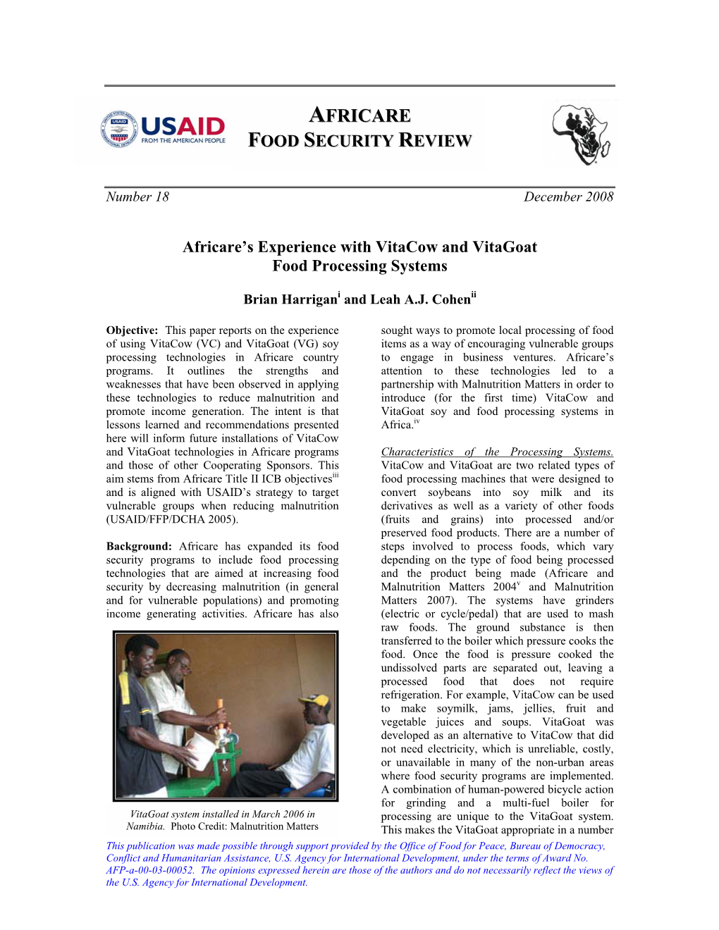 Africare's Experience with Vitacow and Vitagoat Food Processing