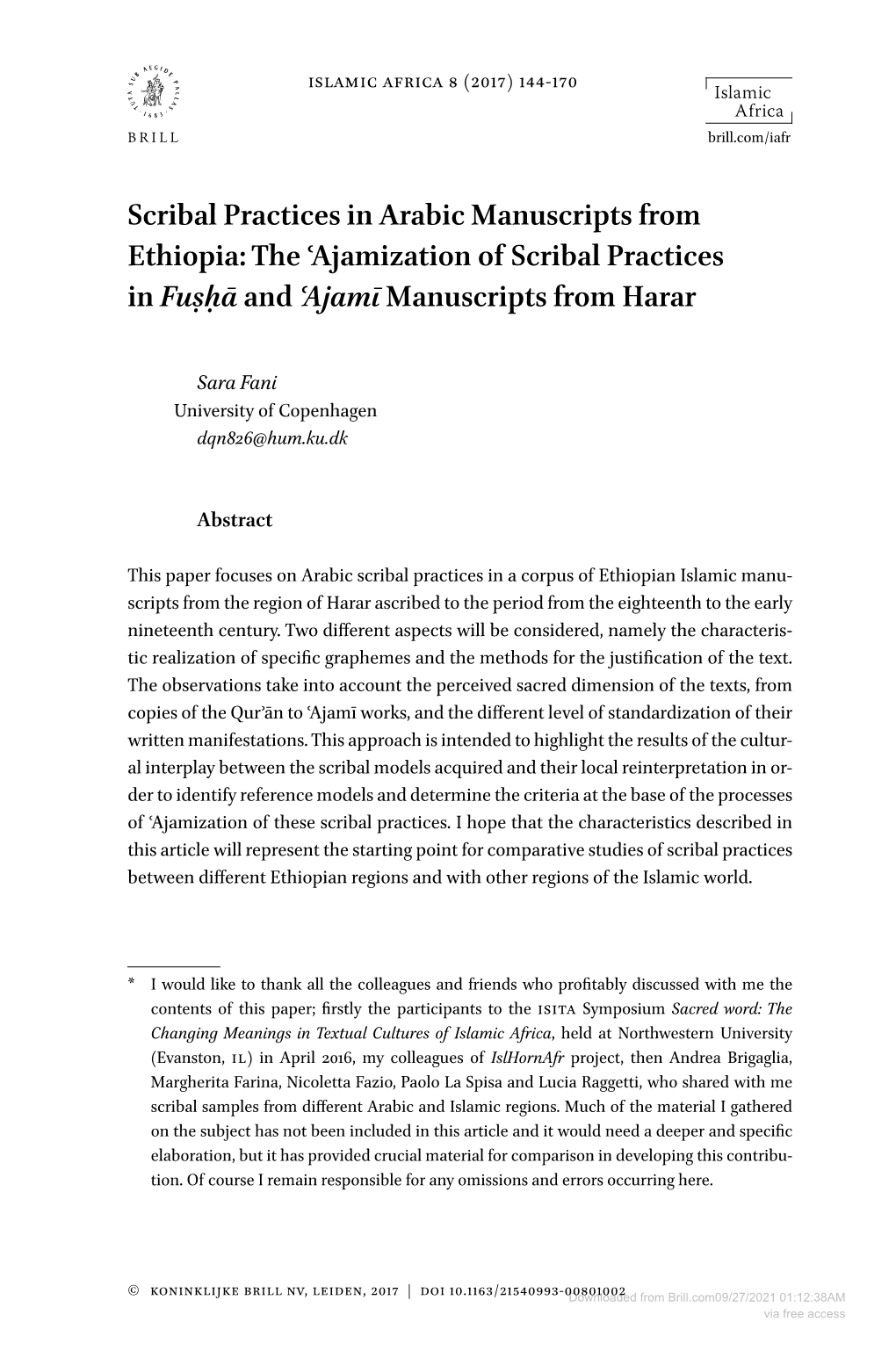 Scribal Practices in Arabic Manuscripts from Ethiopia: the ʿajamization of Scribal Practices in Fuṣḥā and ʿajamī Manuscripts from Harar