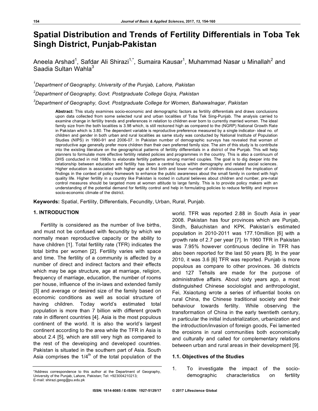 Spatial Distribution and Trends of Fertility Differentials in Toba Tek Singh District, Punjab-Pakistan