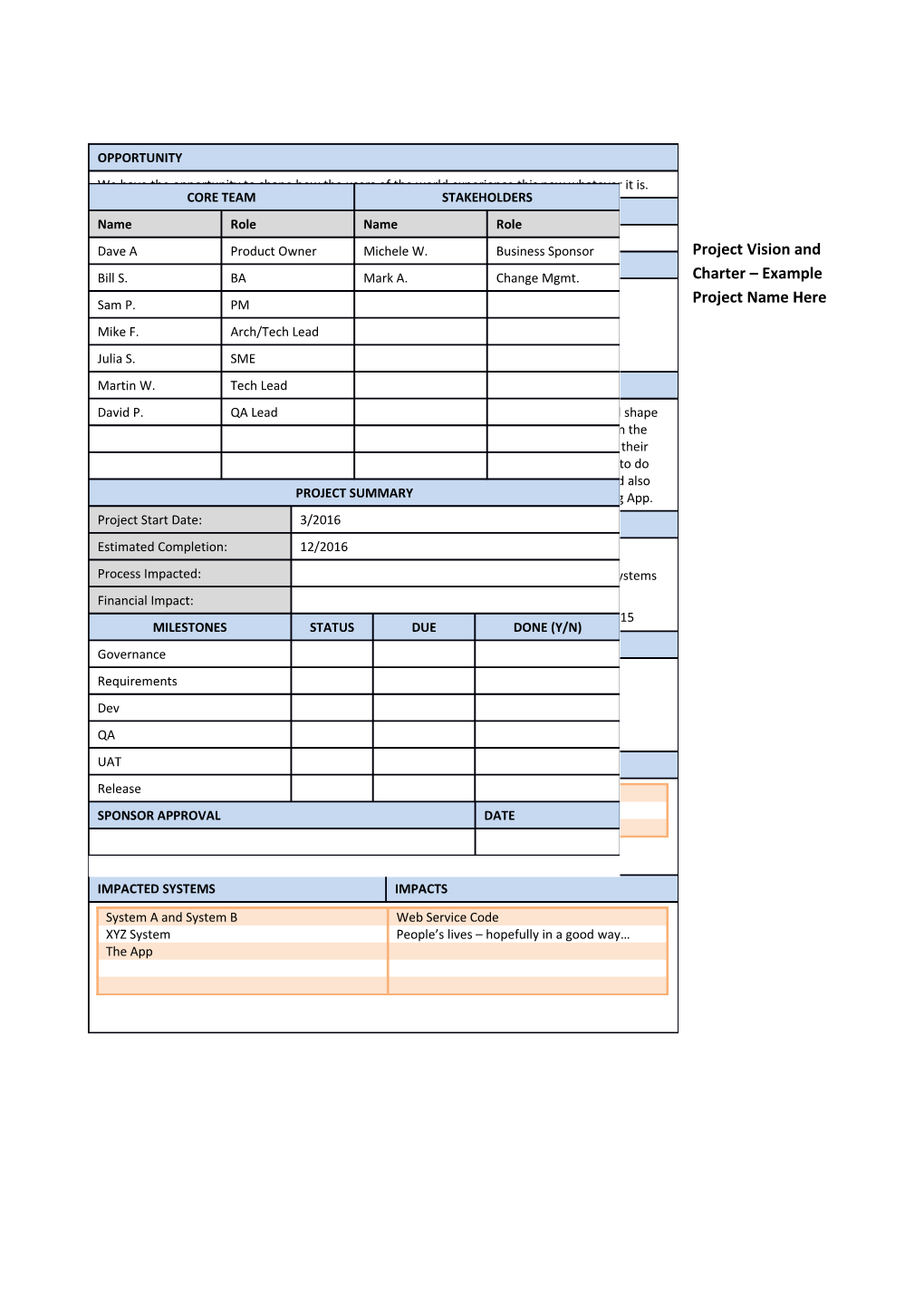 Project Vision and Charter Example Project Name Here