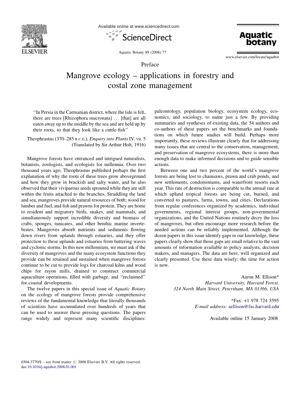 Mangrove Ecology – Applications in Forestry and Costal Zone Management