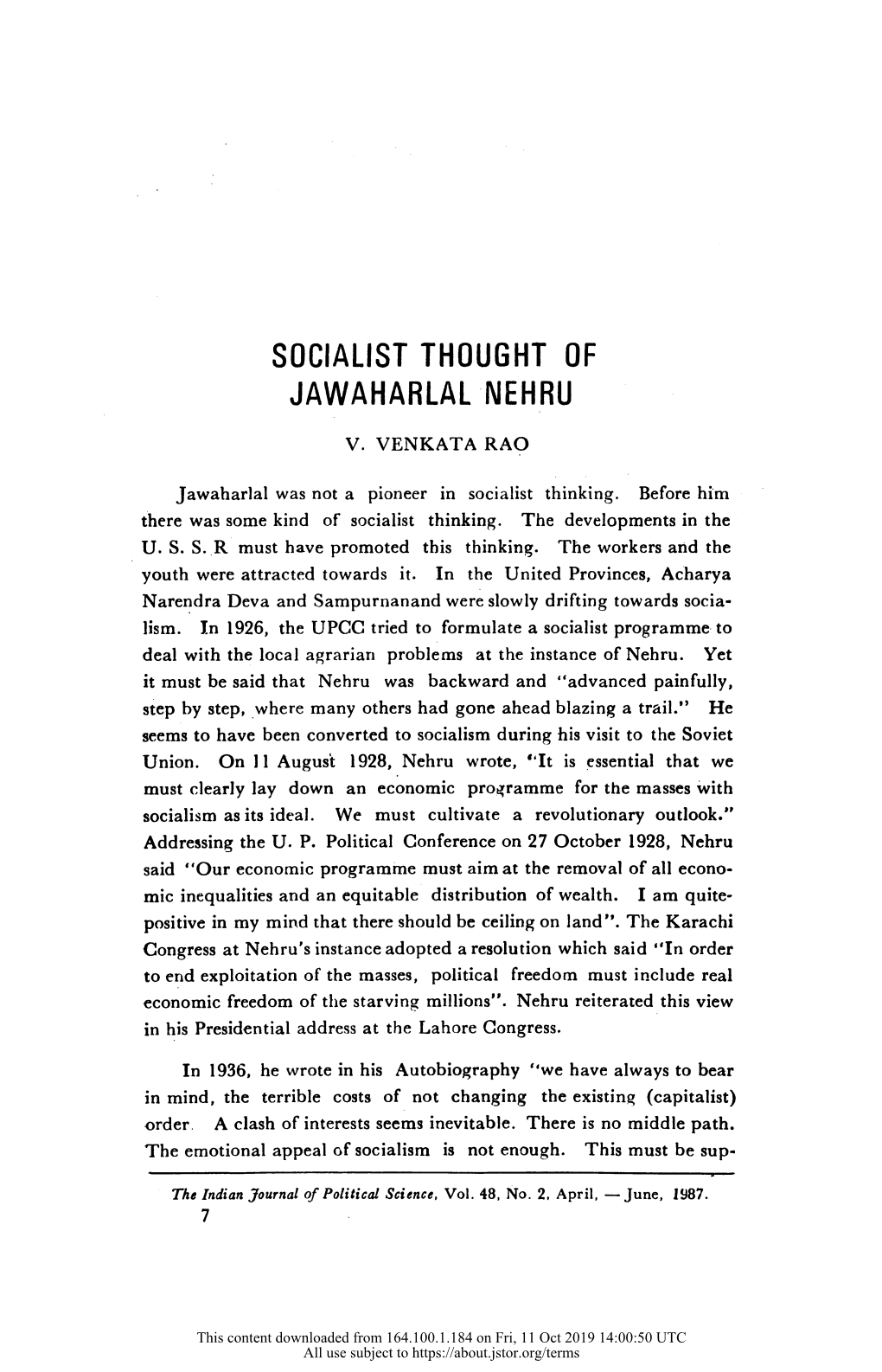 Socialist Thought of Jawaharlal Nehru