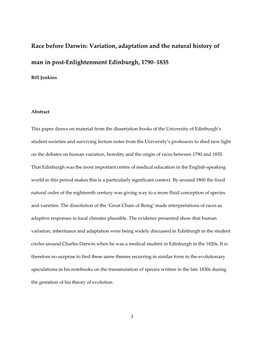 Race Before Darwin: Variation, Adaptation and the Natural History of Man in Post-Enlightenment Edinburgh, 1790–1835