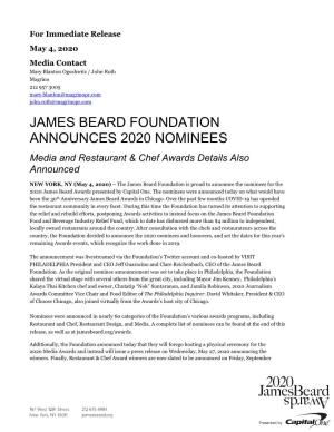 JAMES BEARD FOUNDATION ANNOUNCES 2020 NOMINEES Media and Restaurant & Chef Awards Details Also Announced