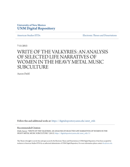 AN ANALYSIS of SELECTED LIFE NARRATIVES of WOMEN in the HEAVY METAL MUSIC SUBCULTURE Aurore Diehl