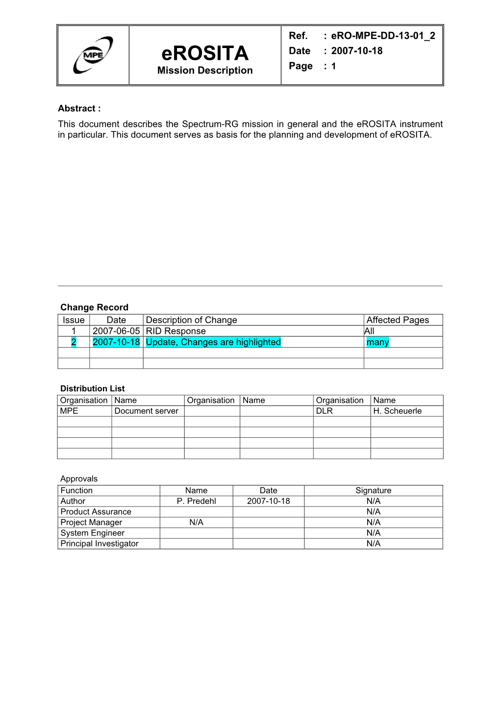 Erosita Date : 2007-10-18 Mission Description Page : 1