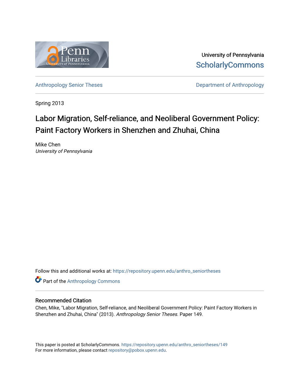 Labor Migration, Self-Reliance, and Neoliberal Government Policy: Paint Factory Workers in Shenzhen and Zhuhai, China