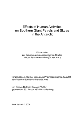 Effects of Human Activities on Southern Giant Petrels and Skuas in the Antarctic
