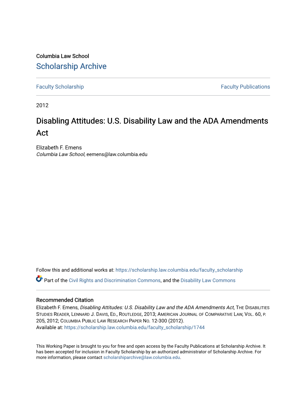 US Disability Law and the ADA Amendments