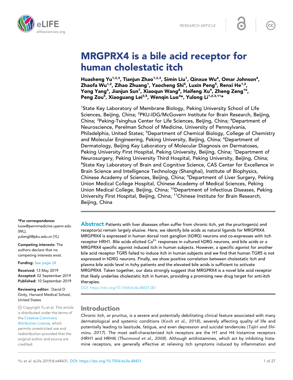 MRGPRX4 Is a Bile Acid Receptor for Human Cholestatic Itch