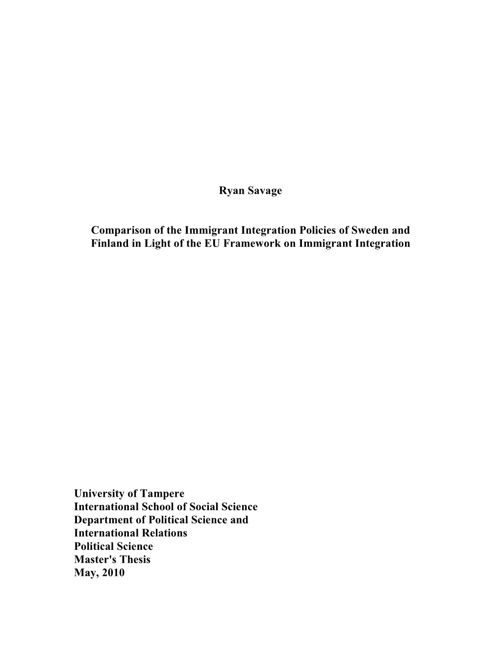 Ryan Savage Comparison of the Immigrant Integration Policies Of