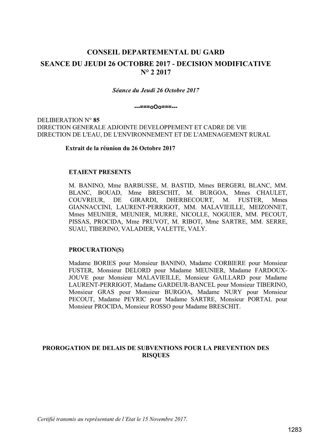 Conseil Departemental Du Gard Seance Du Jeudi 26 Octobre 2017 - Decision Modificative N° 2 2017