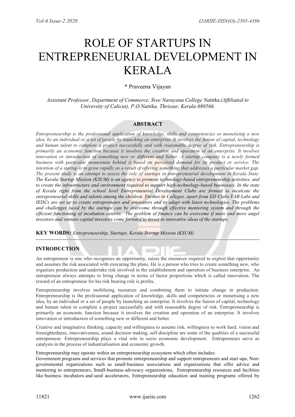 Role of Startups in Entrepreneurial Development in Kerala