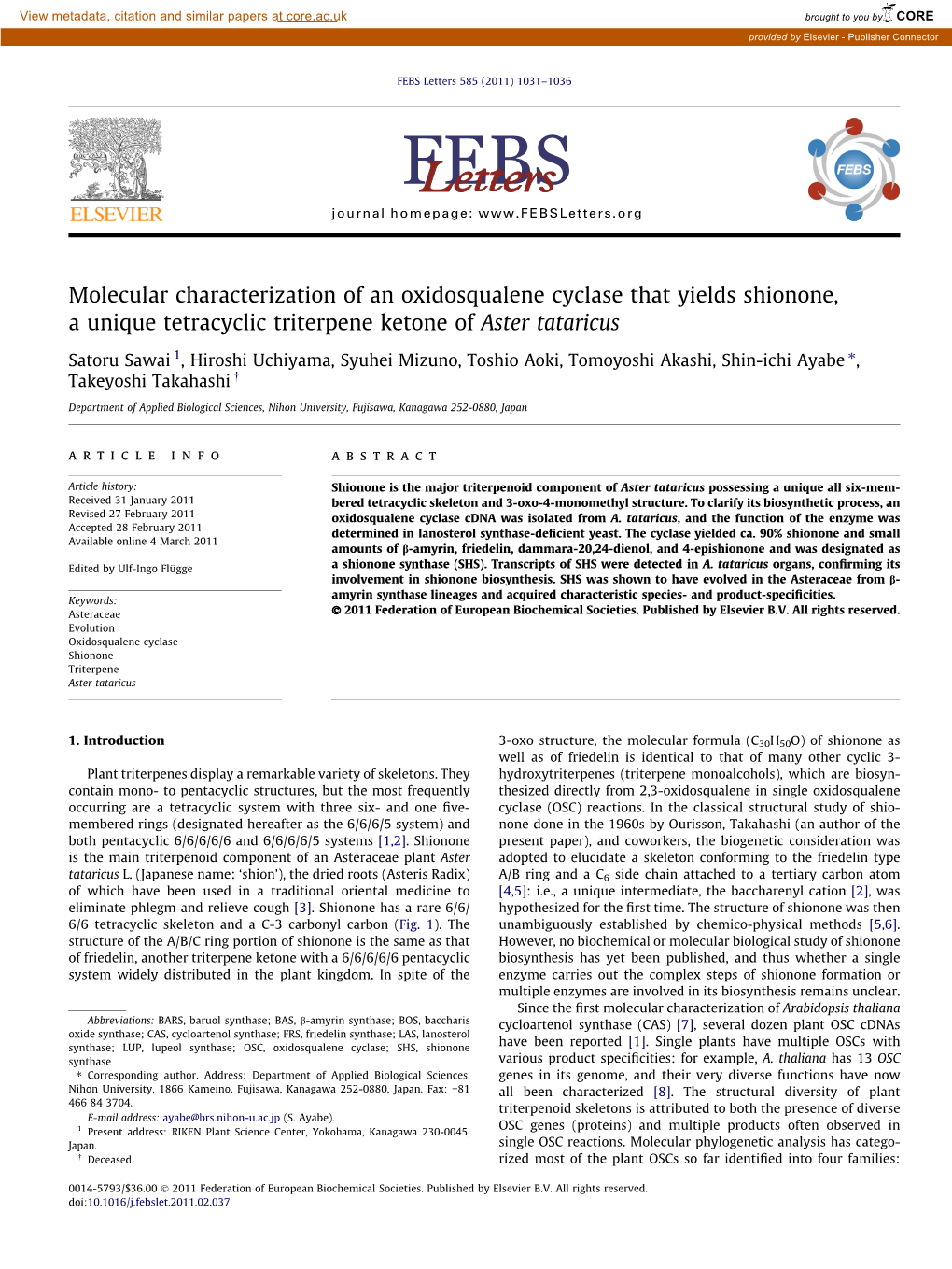 Molecular Characterization of an Oxidosqualene Cyclase That Yields Shionone, a Unique Tetracyclic Triterpene Ketone of Aster