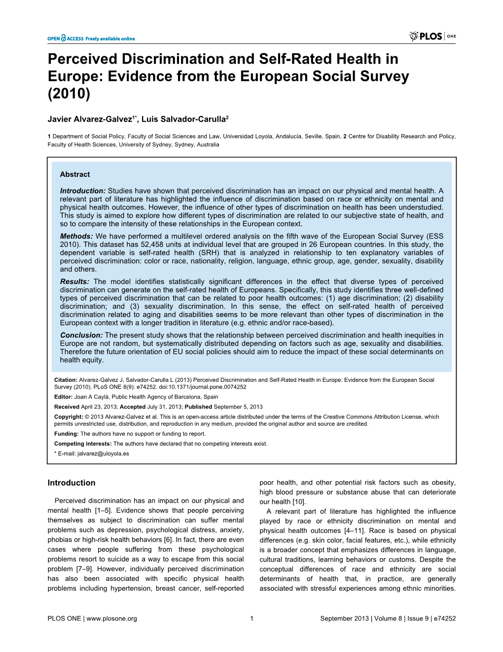 Perceived Discrimination and Self-Rated Health in Europe: Evidence from the European Social Survey (2010)