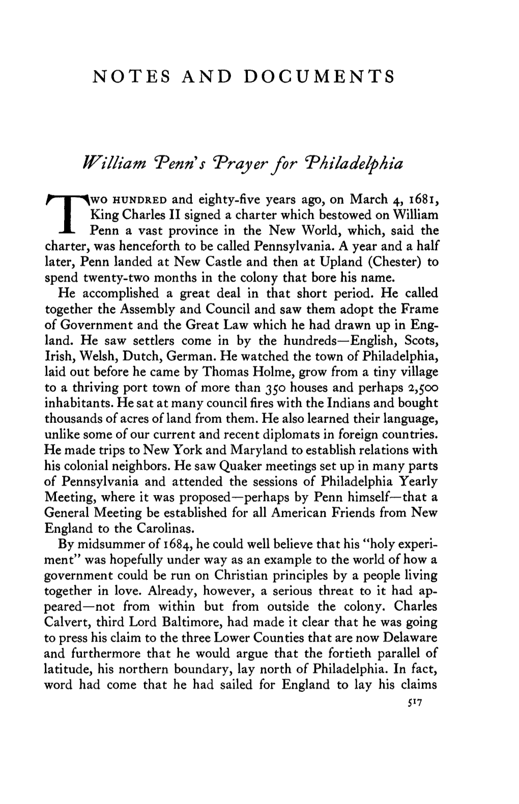 NOTES and DOCUMENTS William Penn S 'Prayer for Philadelphia