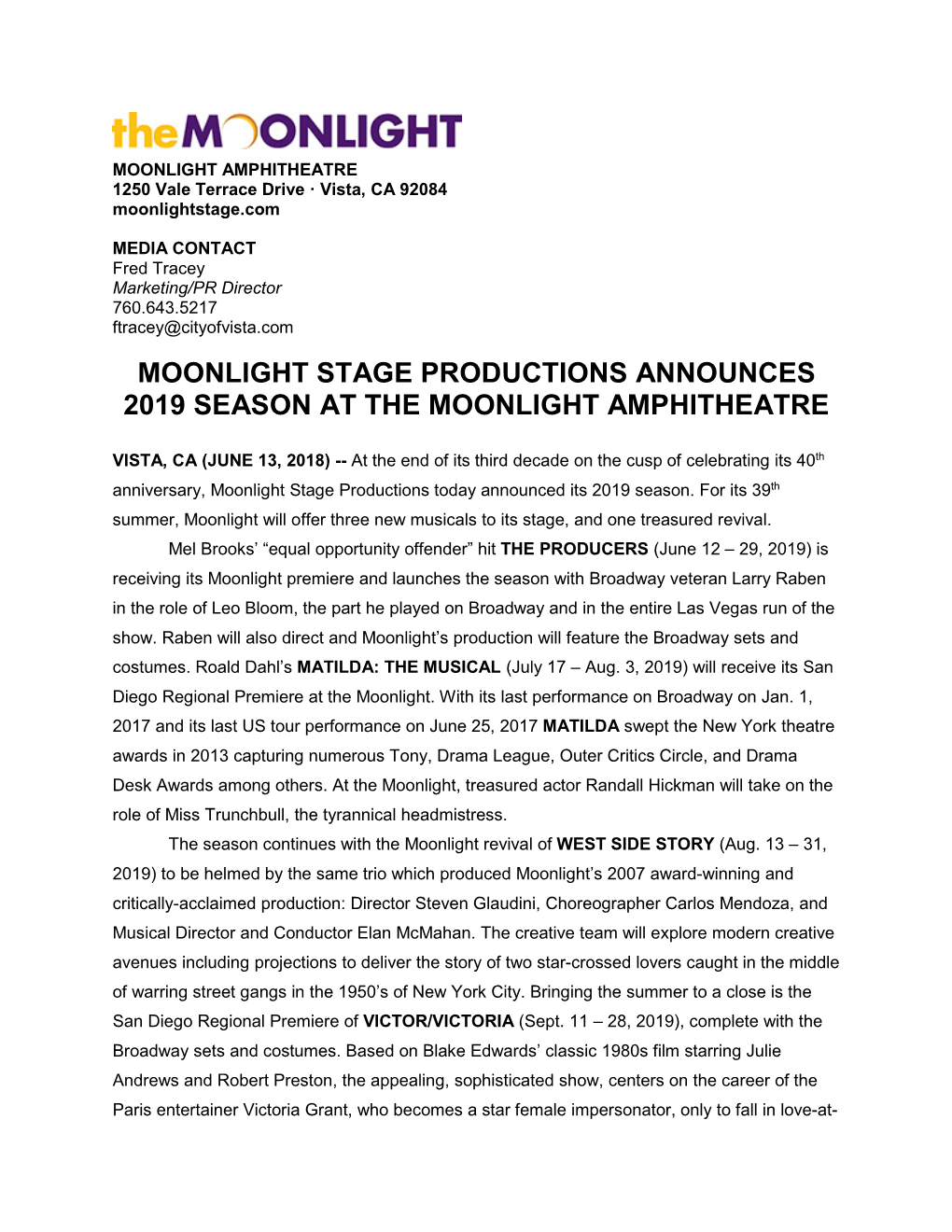Moonlight Stage Productions Announces 2019 Season at the Moonlight Amphitheatre