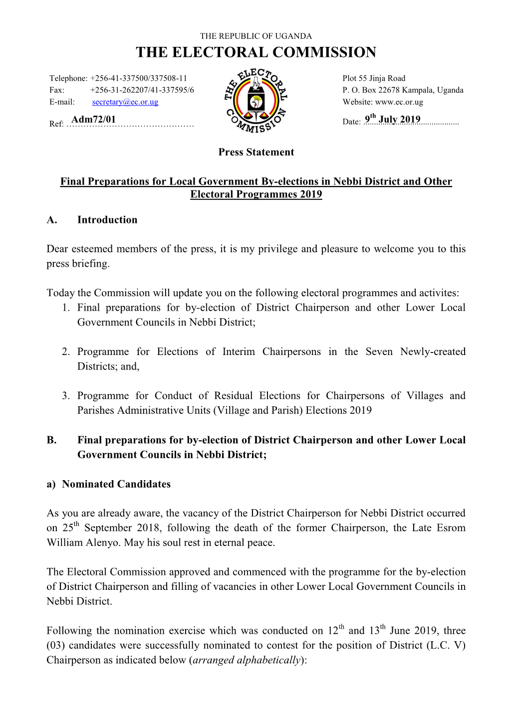 Press Statement on Nebbi Local Government By-Elections and Other