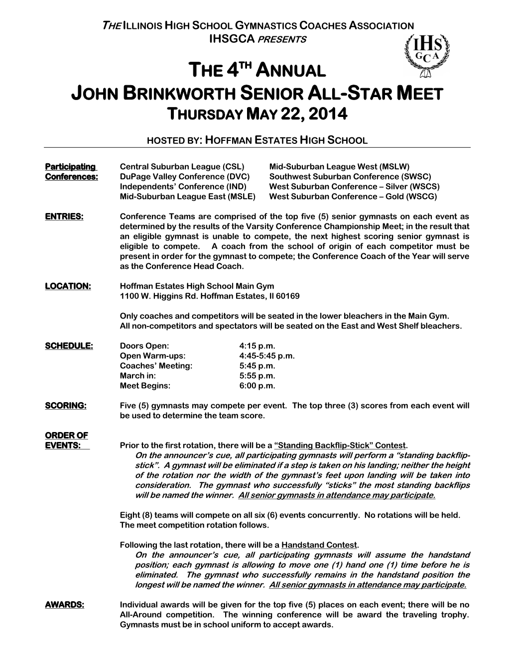 The 4Th Annual John Brinkworth Senior All-Star Meet Thursday May 22, 2014