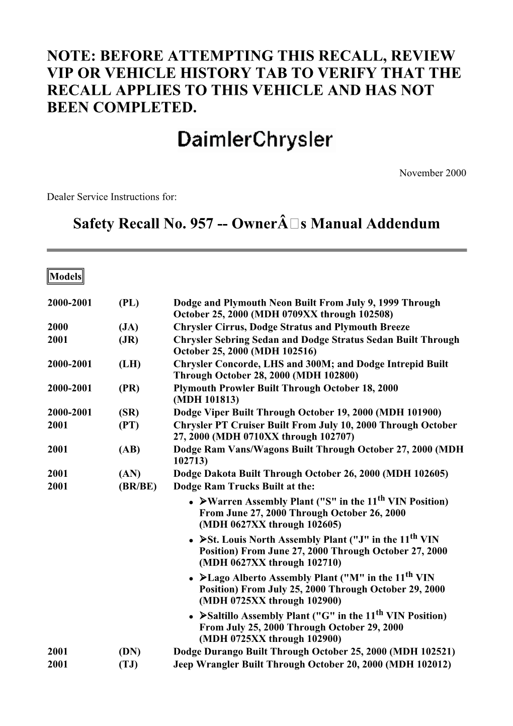 Safety Recall No. 957 -- Owners Manual Addendum