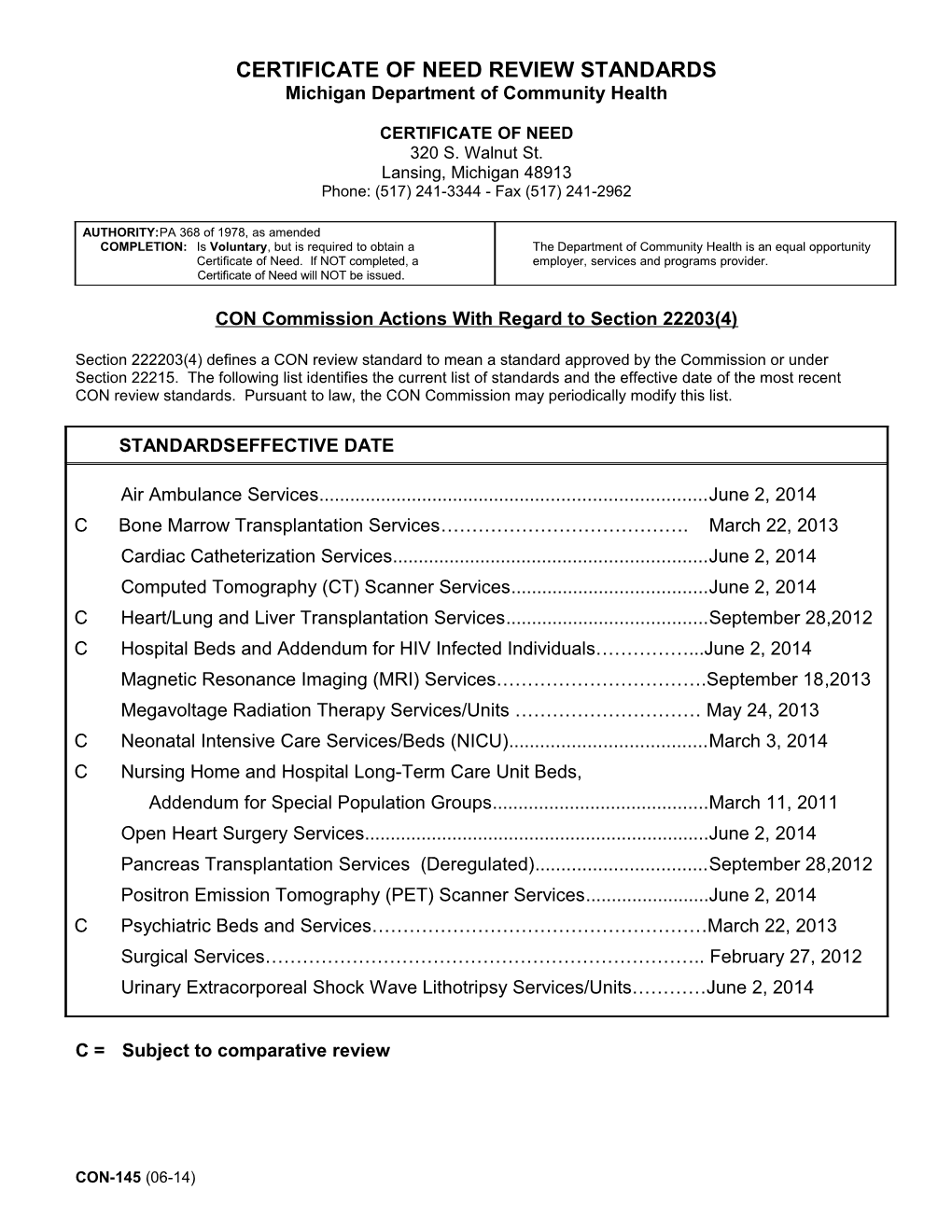 Certificate of Need Review Standards