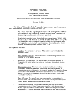 NOTICE of VIOLATION California Safe Drinking Water and Toxic