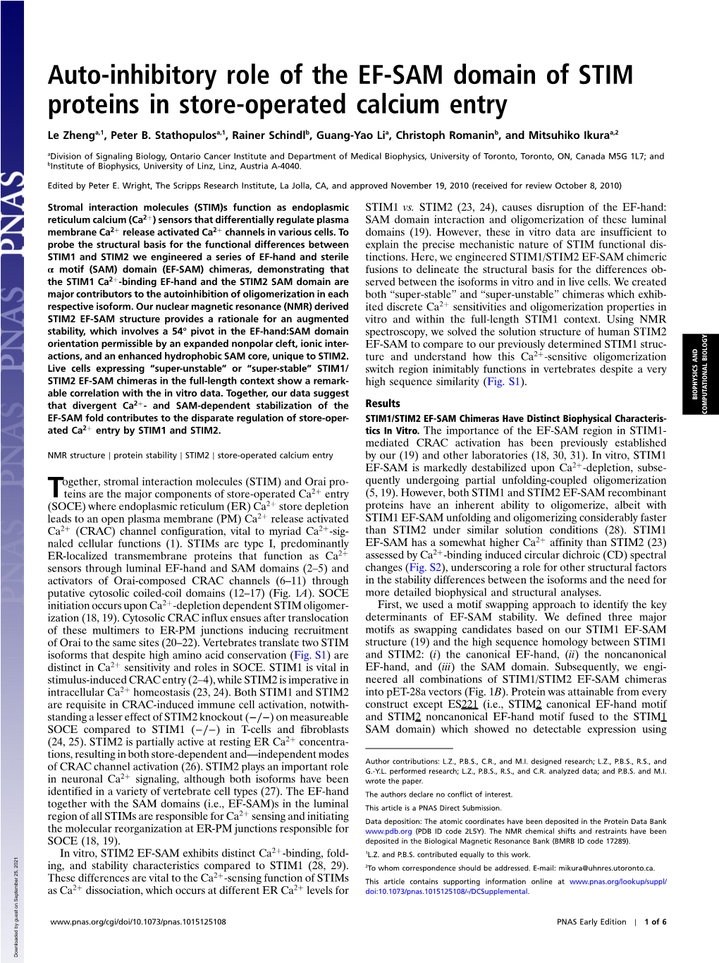 Auto-Inhibitory Role of the EF-SAM Domain of STIM Proteins in Store-Operated Calcium Entry