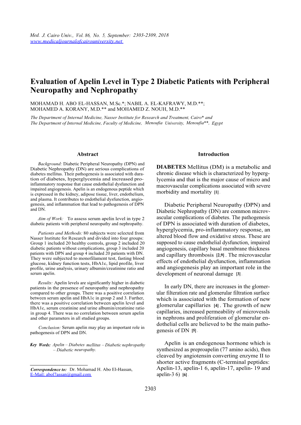 Evaluation of Apelin Level in Type 2 Diabetic Patients with Peripheral