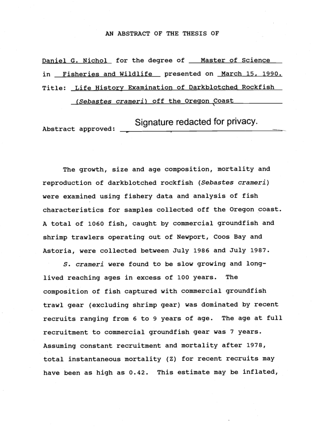 Signature Redacted for Privacy. Abstract Approved