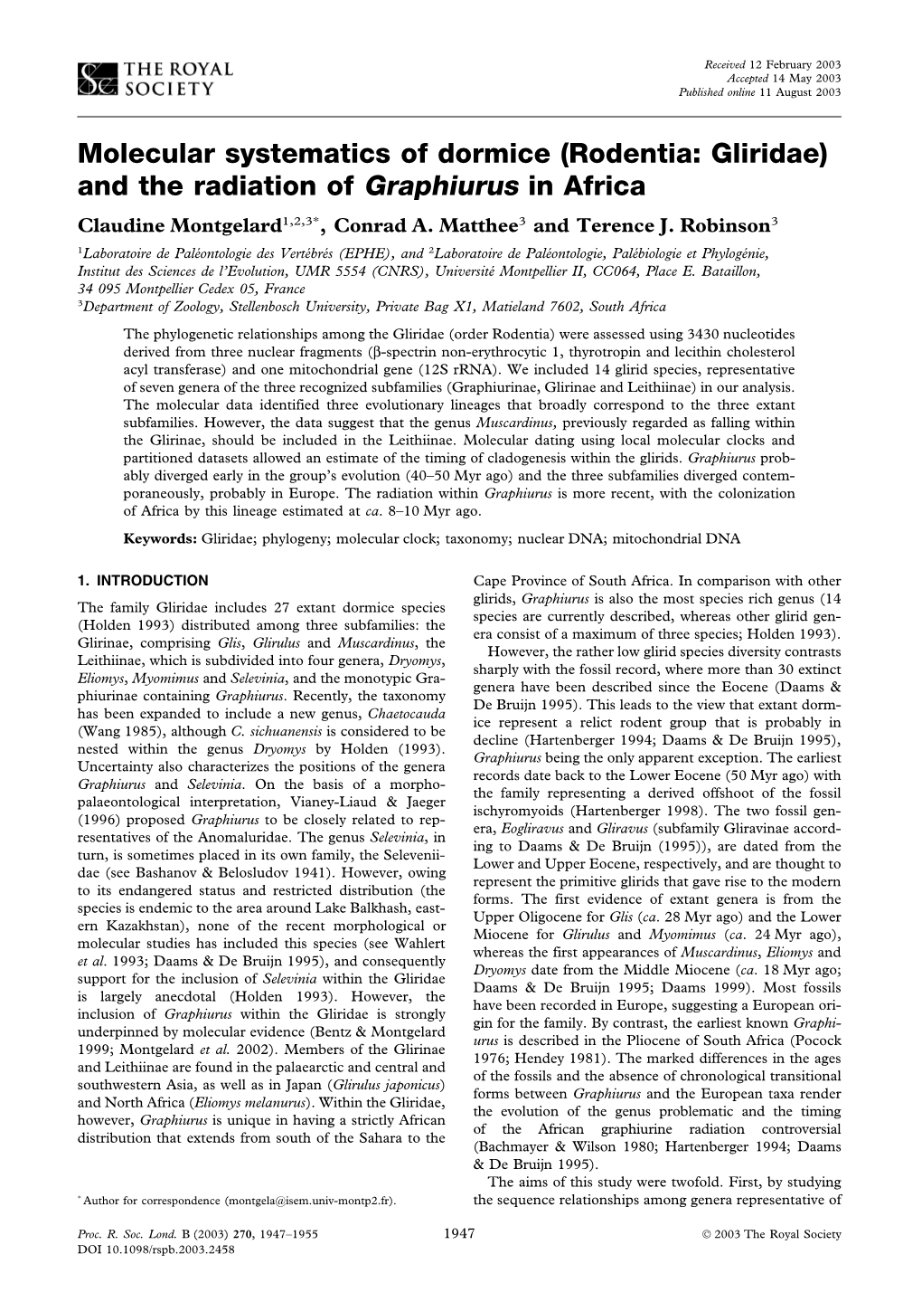 Rodentia: Gliridae) and the Radiation of Graphiurus in Africa Claudine Montgelard1,2,3*, Conrad A