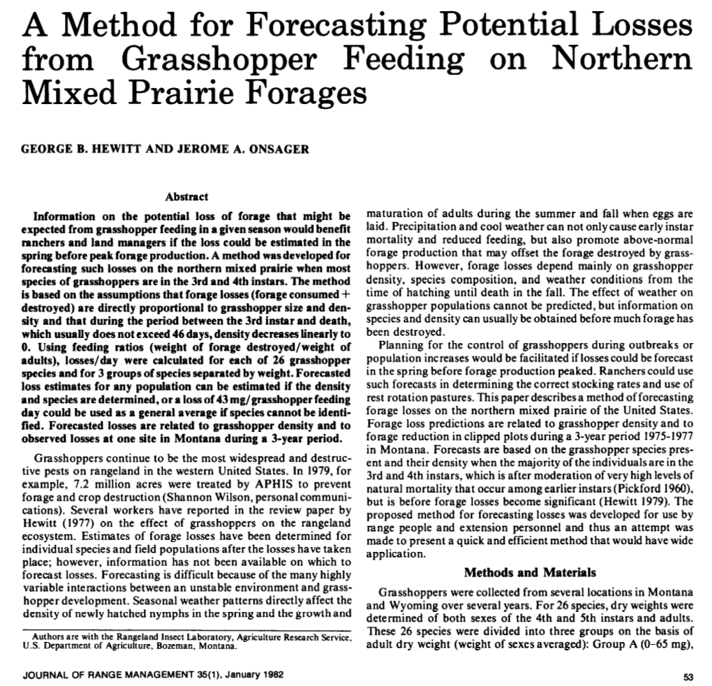 A Method for Forecasting Potential Losses from Grasshopper Feeding on Northern Mixed Prairie Forages