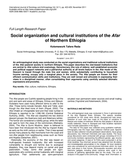 Social Organization and Cultural Institutions of the Afar of Northern Ethiopia