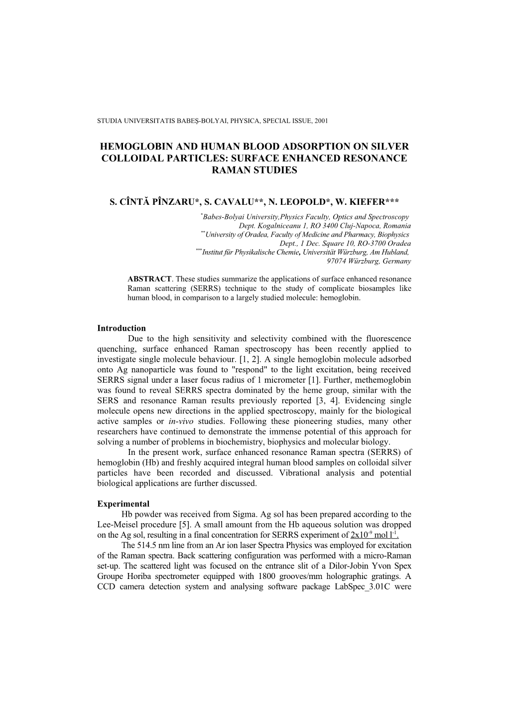 Hemoglobin and Human Blood Adsorption on Silver Colloidal Particles: Surface Enhanced Resonance