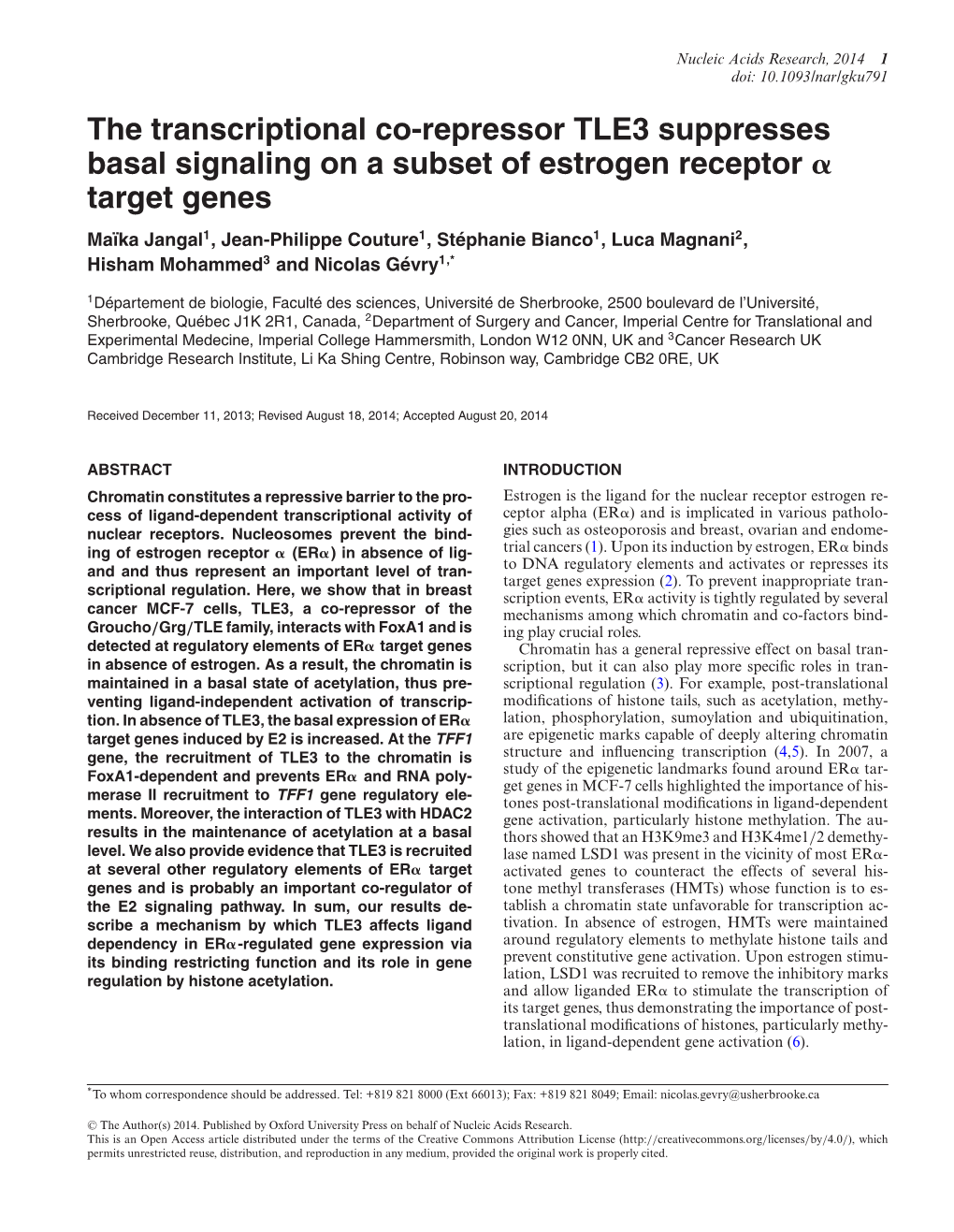 The Transcriptional Co-Repressor TLE3 Suppresses Basal Signaling on A
