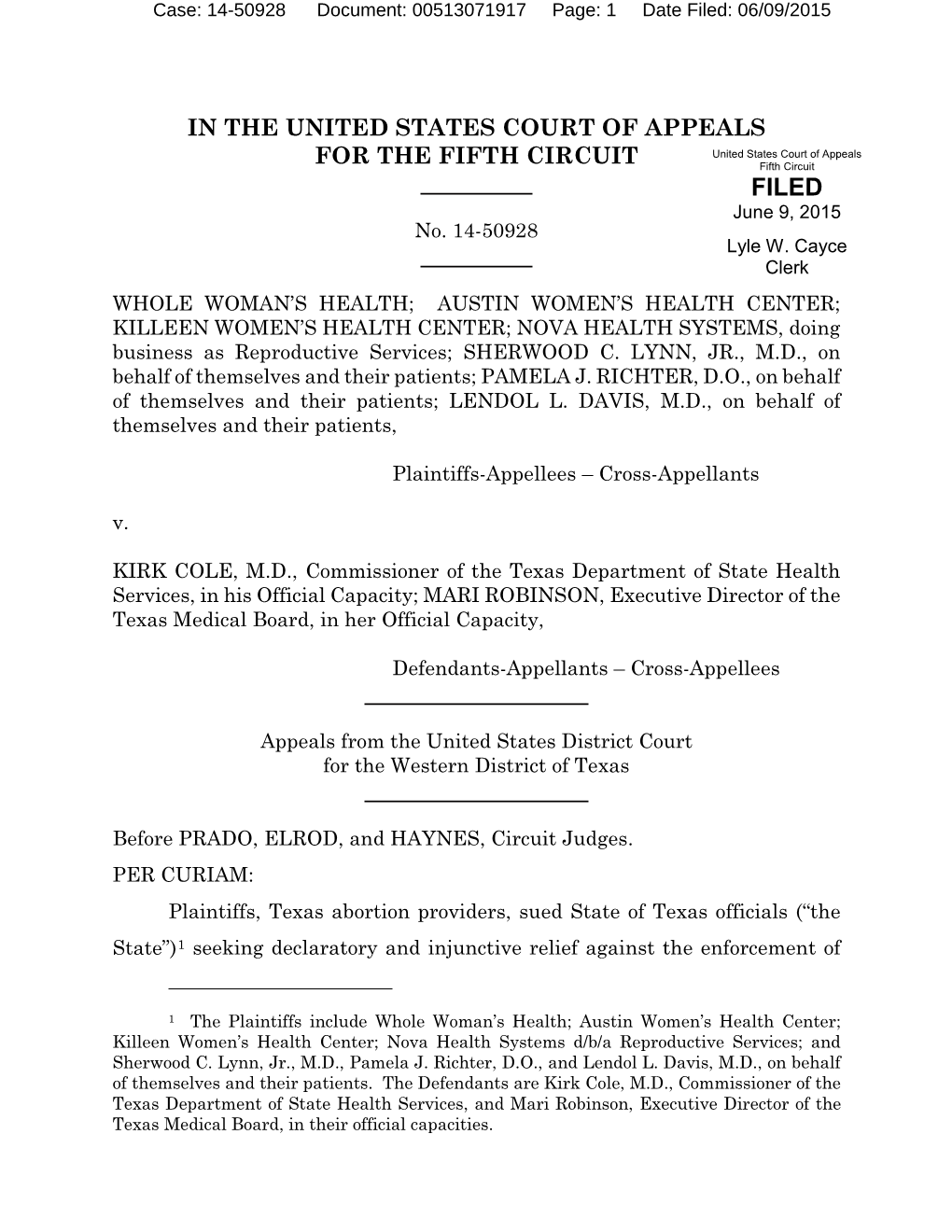 14-50928 Document: 00513071917 Page: 1 Date Filed: 06/09/2015