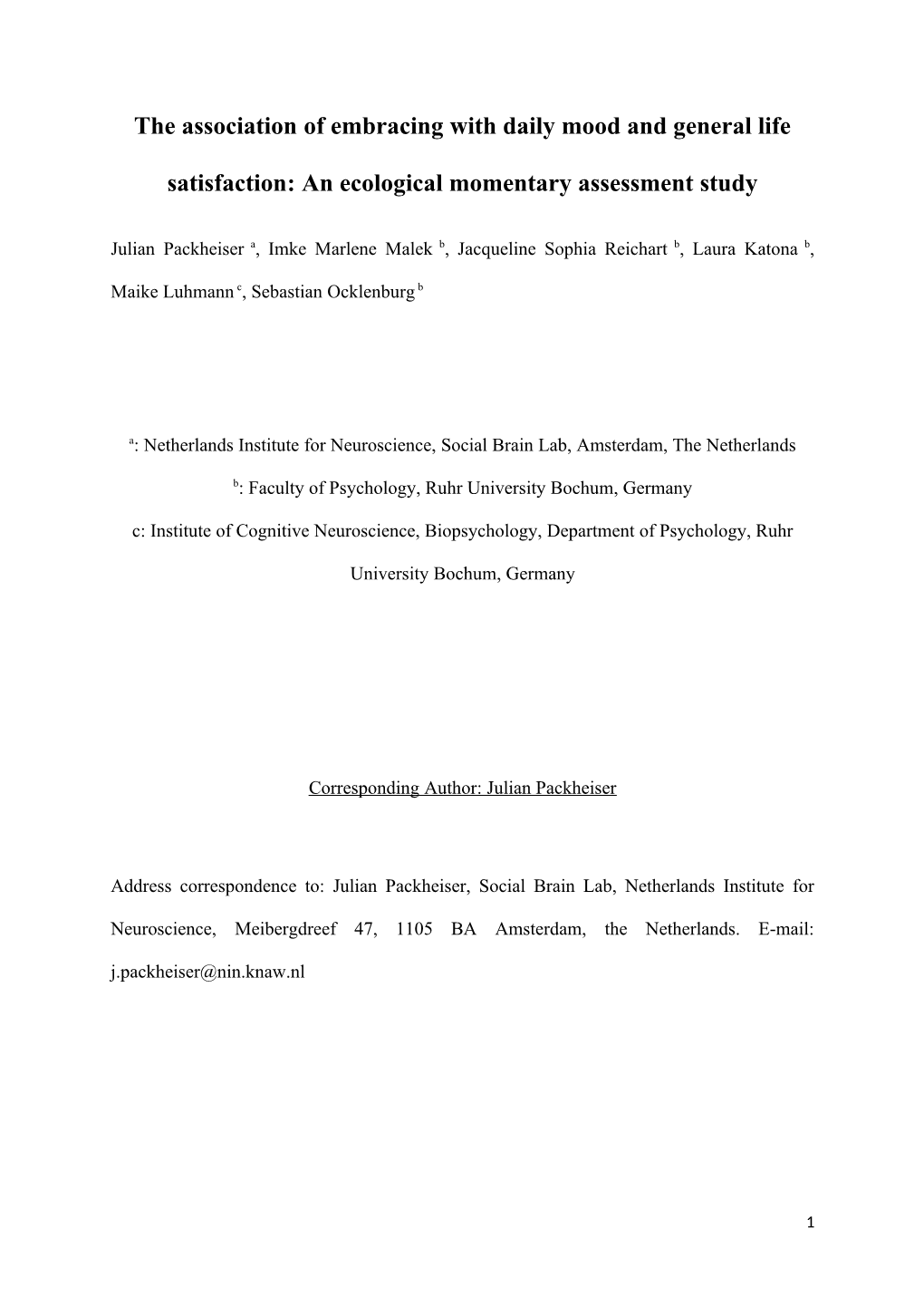 The Association of Embracing with Daily Mood and General Life Satisfaction: an Ecological Momentary Assessment Study