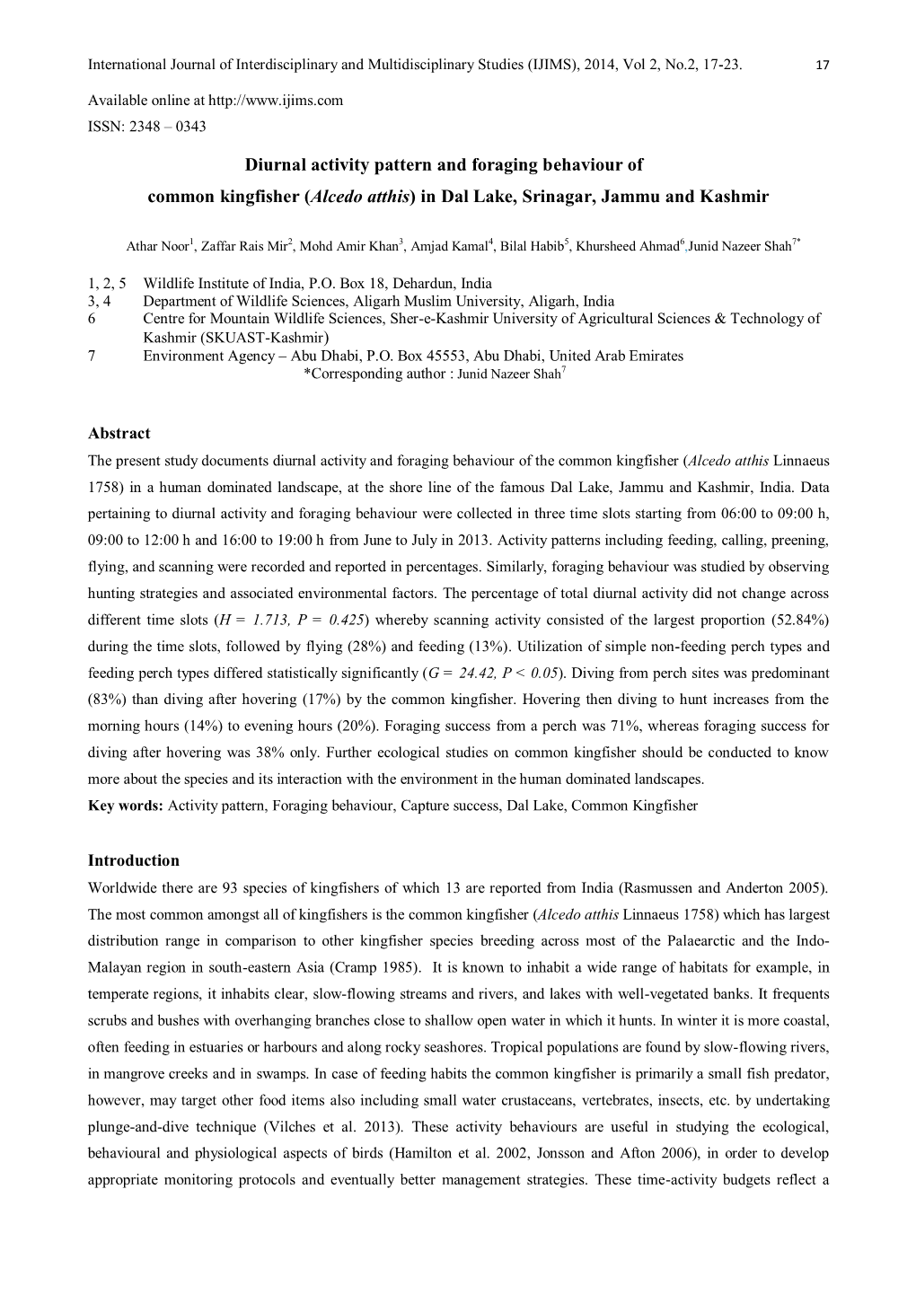 Diurnal Activity Pattern and Foraging Behaviour of Common Kingfisher (Alcedo Atthis) in Dal Lake, Srinagar, Jammu and Kashmir