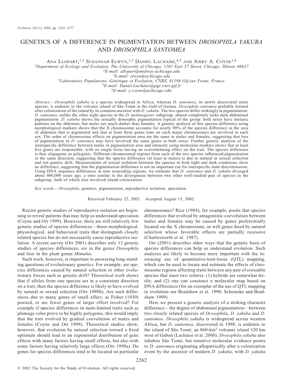 Genetics of a Difference in Pigmentation Between Drosophila Yakuba and Drosophila Santomea