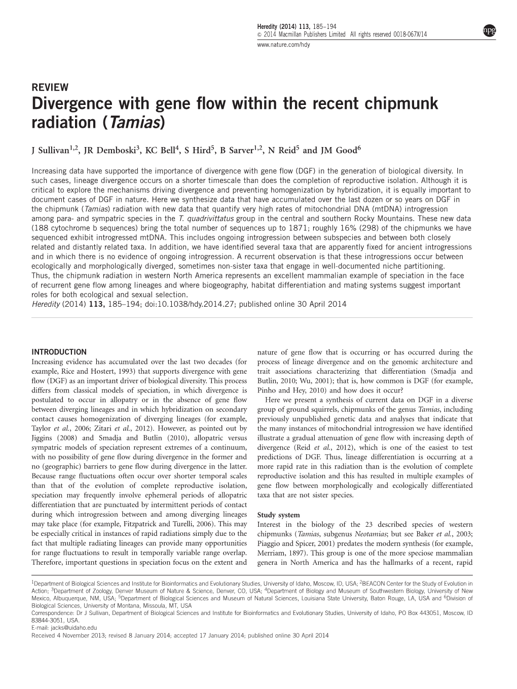 Divergence with Gene Flow Within the Recent Chipmunk Radiation (Tamias)