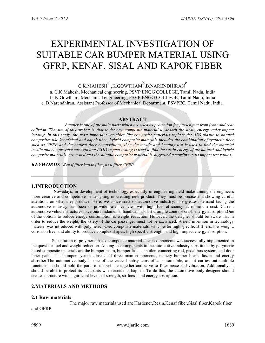 Experimental Investigation of Suitable Car Bumper Material Using Gfrp, Kenaf, Sisal and Kapok Fiber