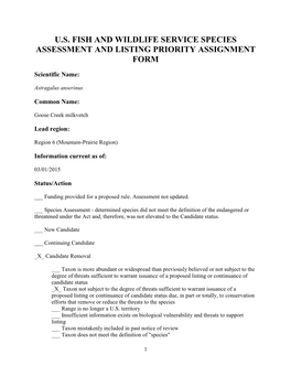 Species Assessment and Listing Priority Assignment Form