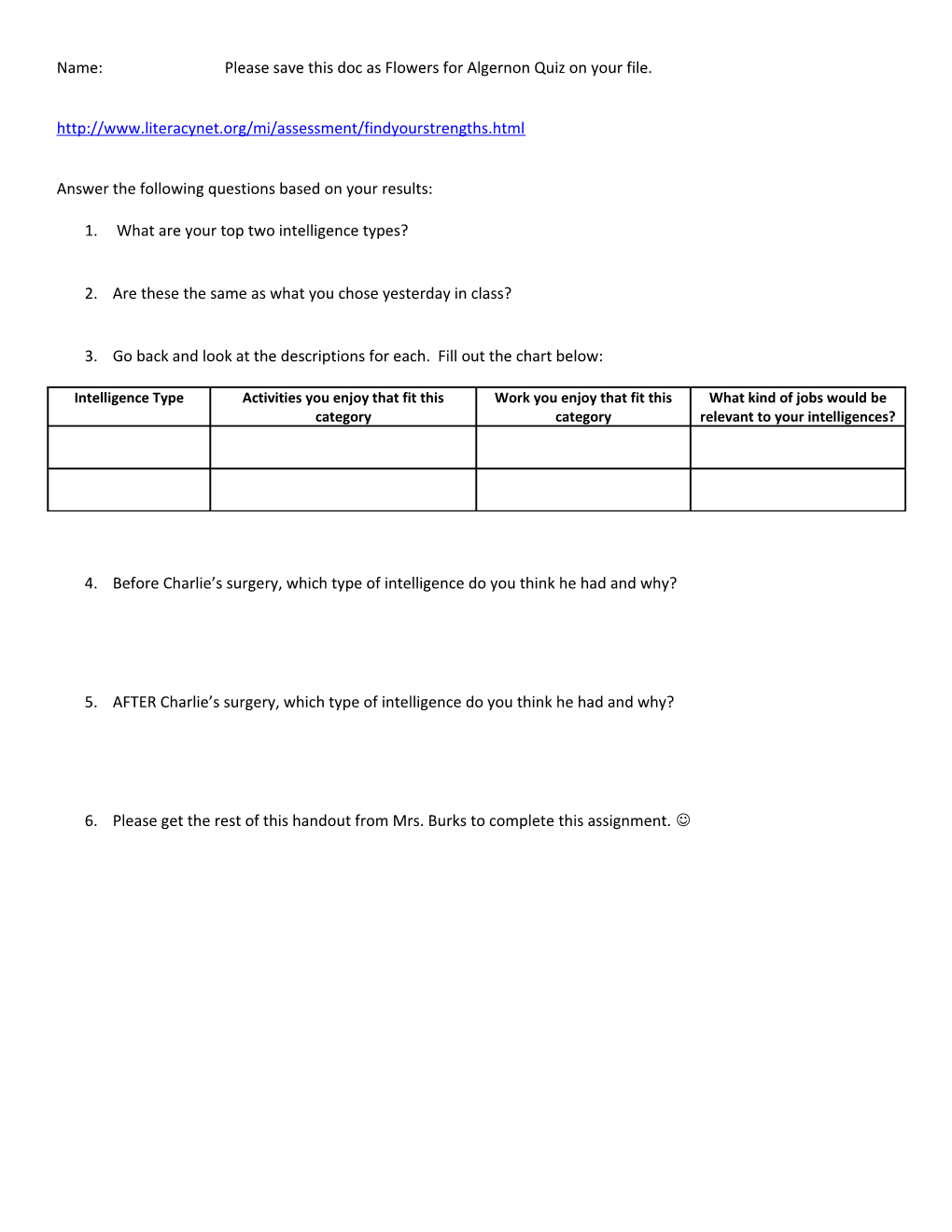 Name: Please Save This Doc As Flowers for Algernon Quiz on Your File