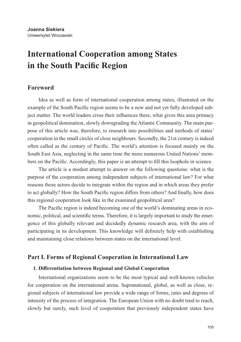 International Cooperation Among States in the South Pacific Region