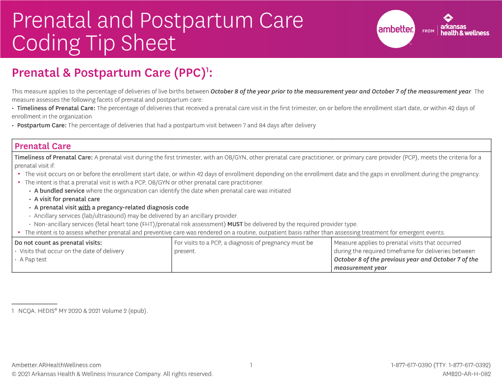 Prenatal and Postpartum Care Coding Tip Sheet Prenatal & Postpartum Care (PPC)1