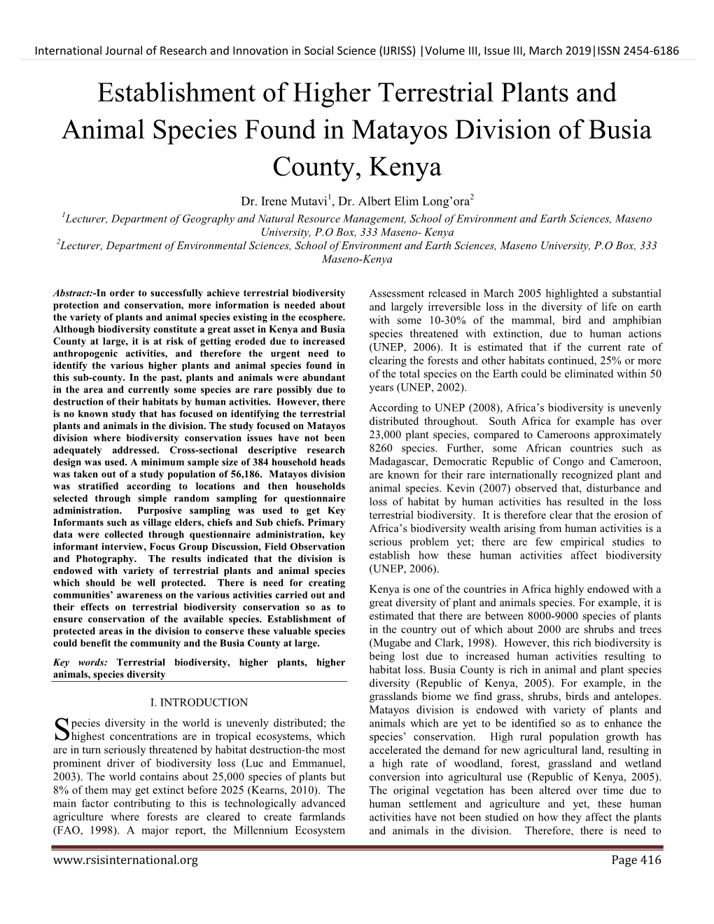 Establishment of Higher Terrestrial Plants and Animal Species Found in Matayos Division of Busia County, Kenya