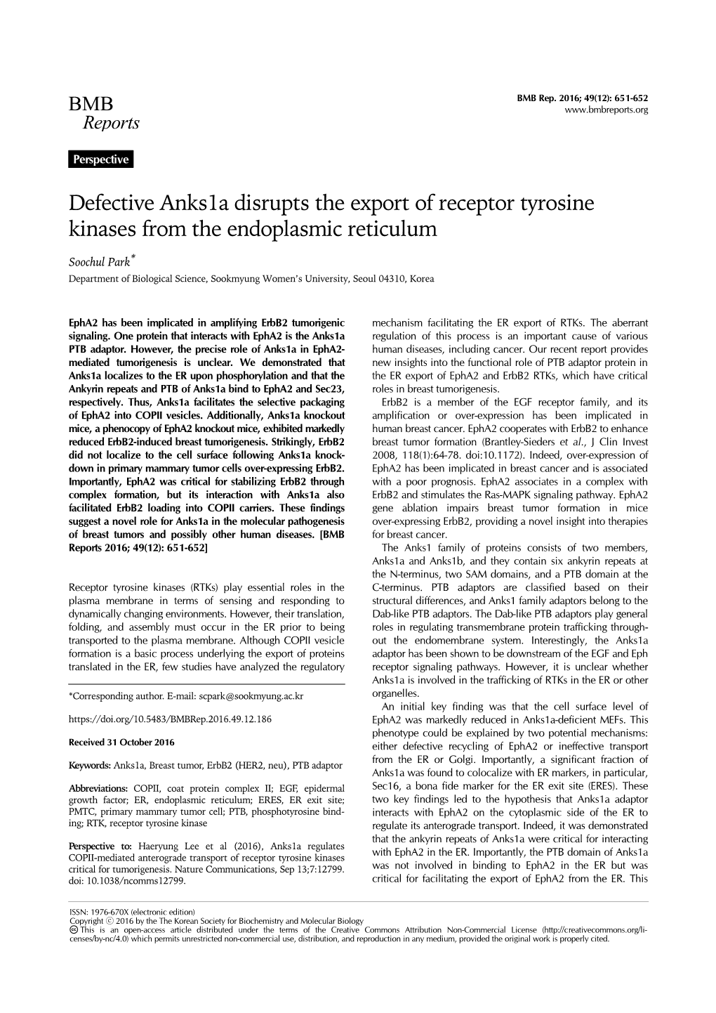 Defective Anks1a Disrupts the Export of Receptor Tyrosine Kinases from the Endoplasmic Reticulum