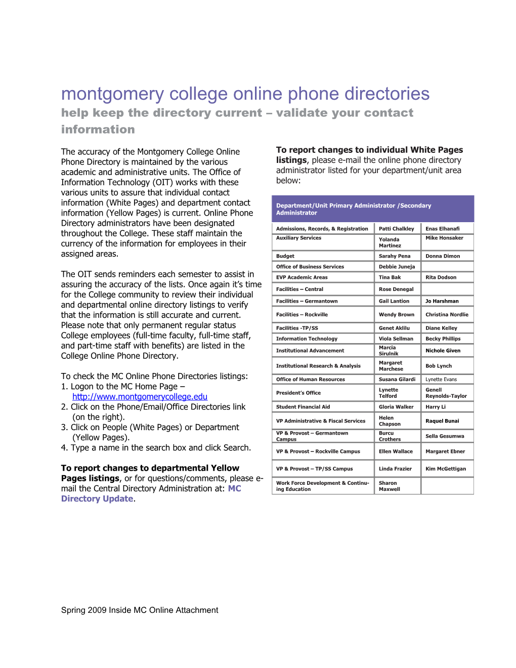 Montgomery College Online Phone Directories