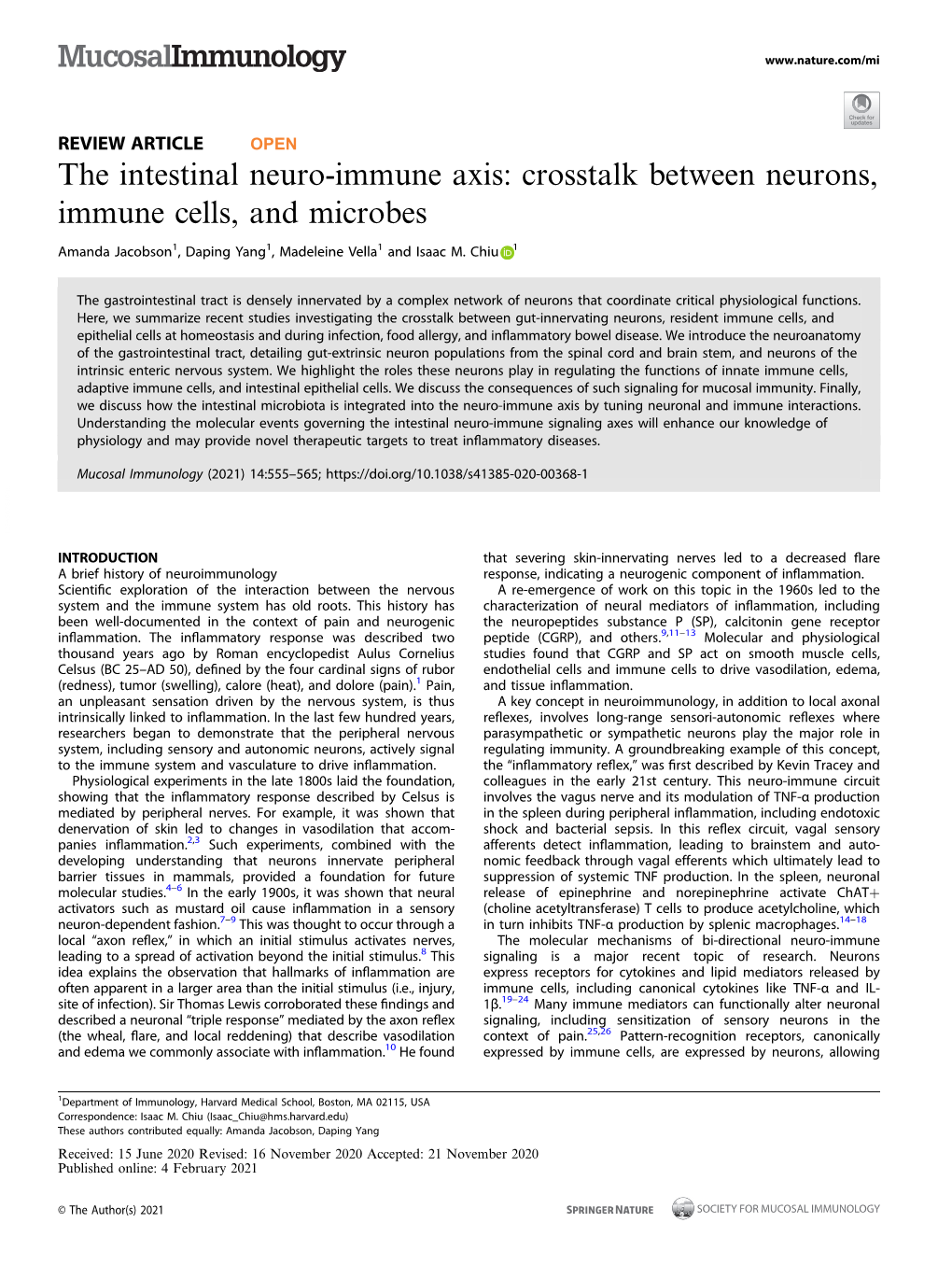 The Intestinal Neuro-Immune Axis: Crosstalk Between Neurons, Immune Cells, and Microbes