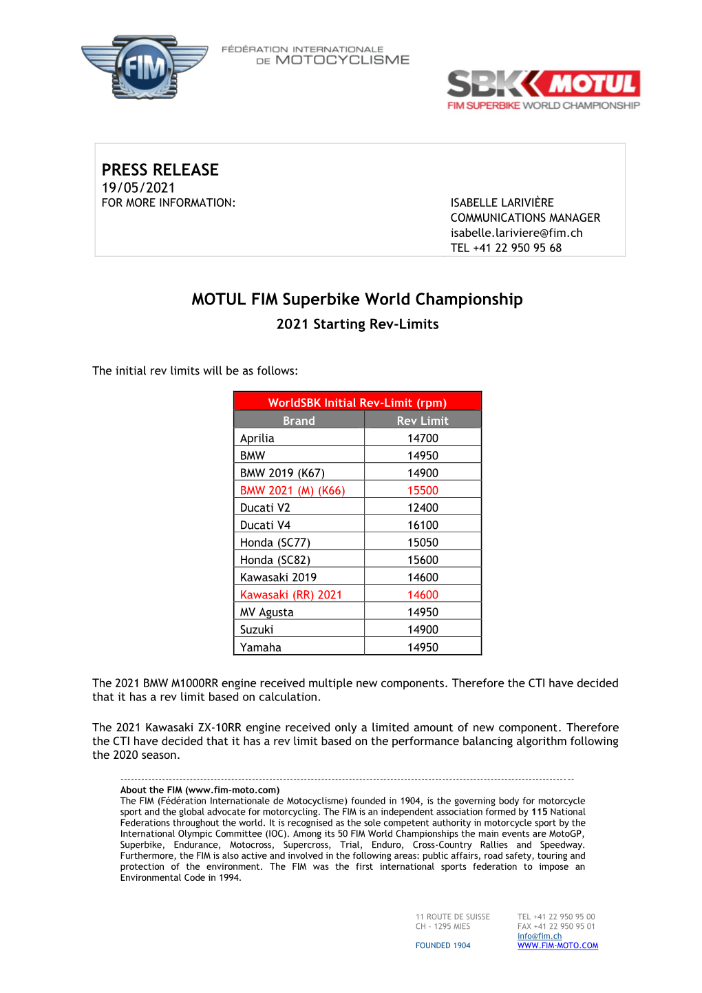 PRESS RELEASE MOTUL FIM Superbike World Championship